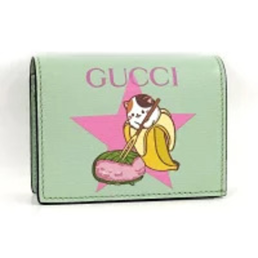 GUCCI Bi fold Wallet Bananya Collaboration Sakura Mochi Leather Green